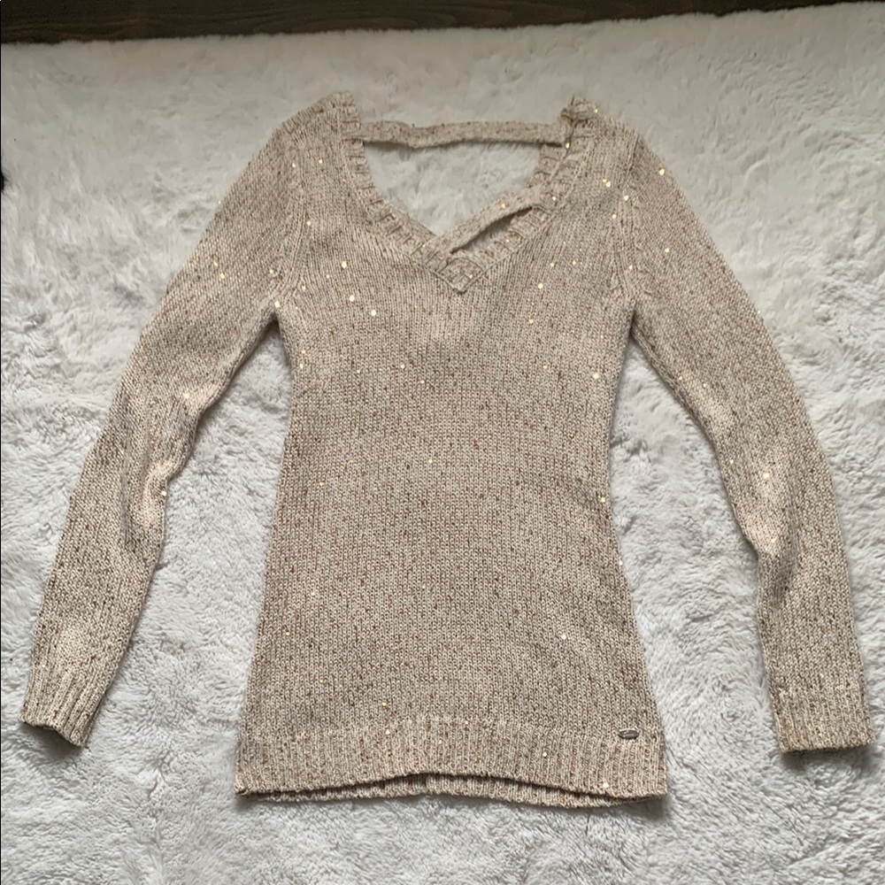 GUESS Cream and Gold V-Neck Knit Sweater